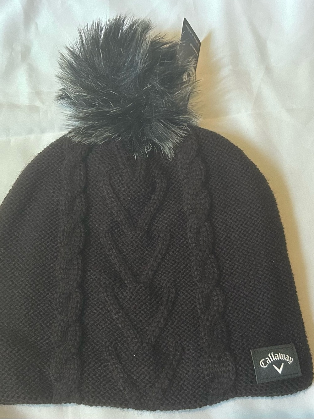 Callaway Women’s Black Cable Knit Pom Beanie w/ Faux Fur NEW